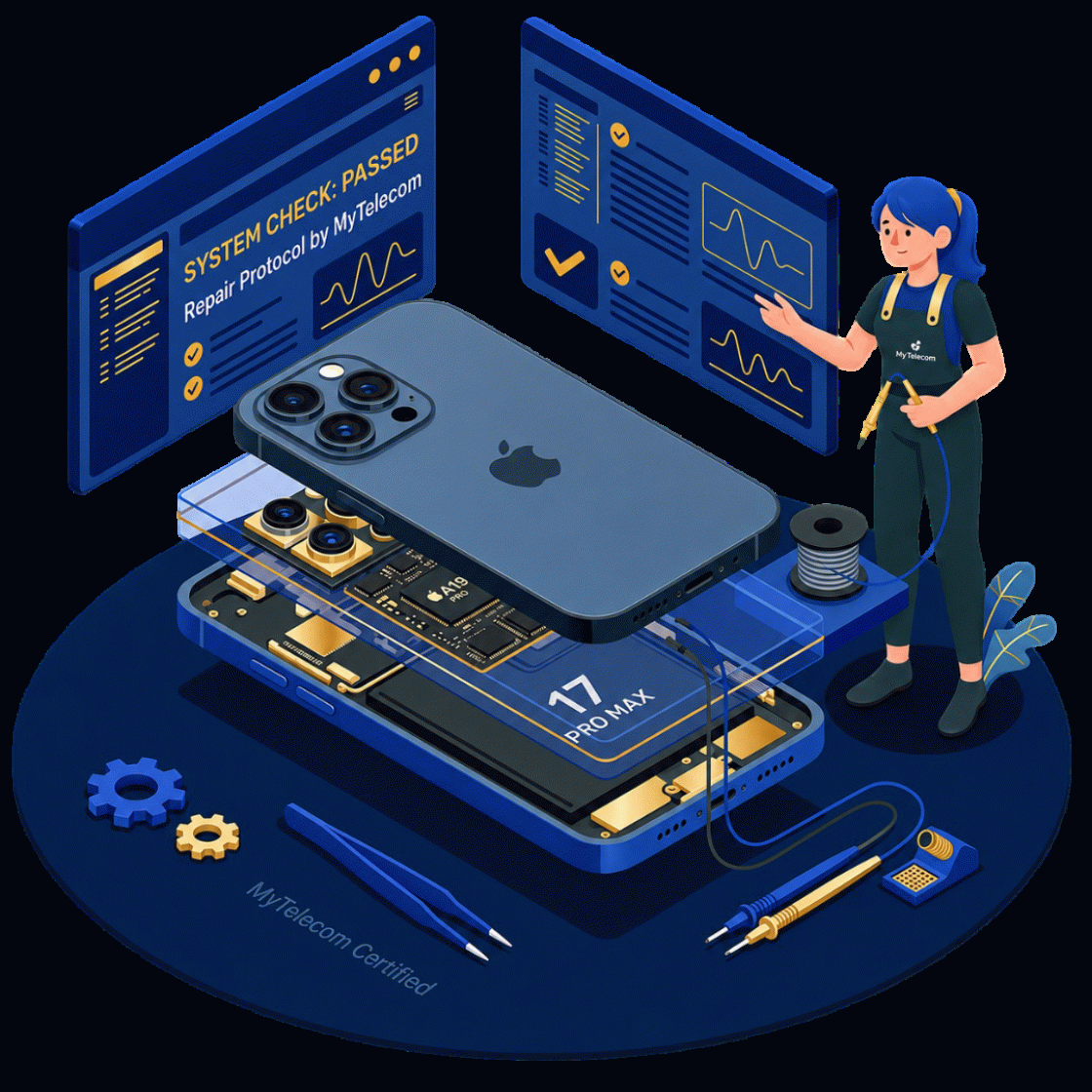 Isometrische illustratie van een iPhone-reparatie door MyTelecom