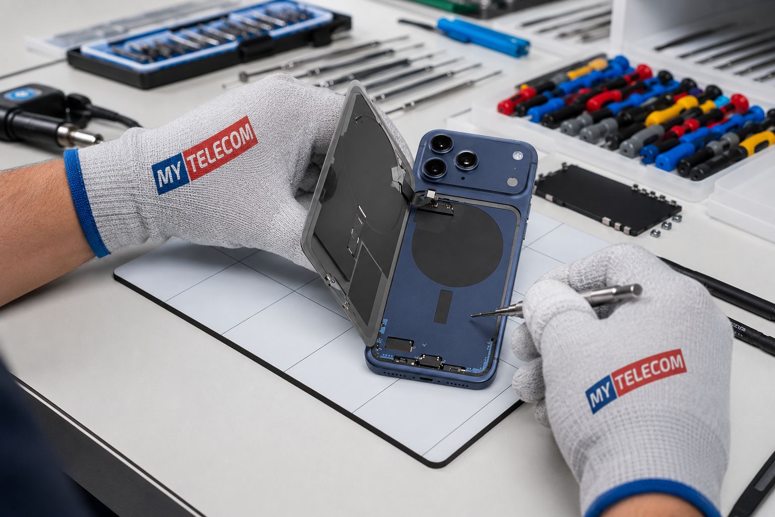 MyTelecom monteur repareert een iPhone met professioneel gereedschap